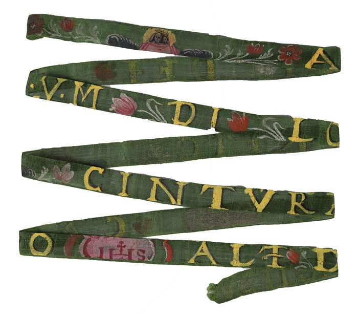 Mariánská a Kristova délka namalovaná na hedvábné stuze.